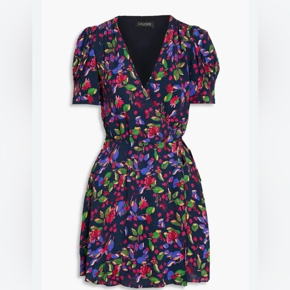 Saloni Wrap Dress Floral Puffy Short Sleeve Rayon Sz US 4